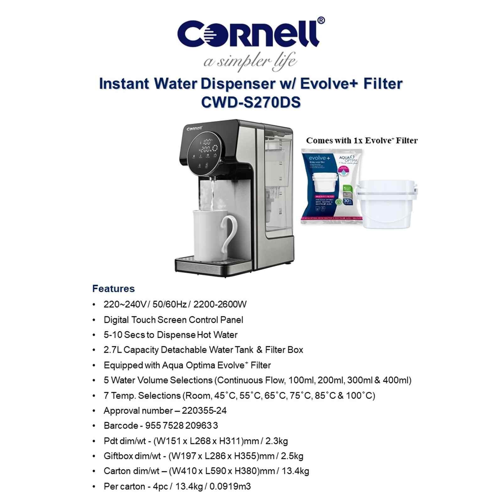 CORNELL Instant Water Dispenser With Evolve+ Filter - (2.7l) CWDS270DS - Image 11