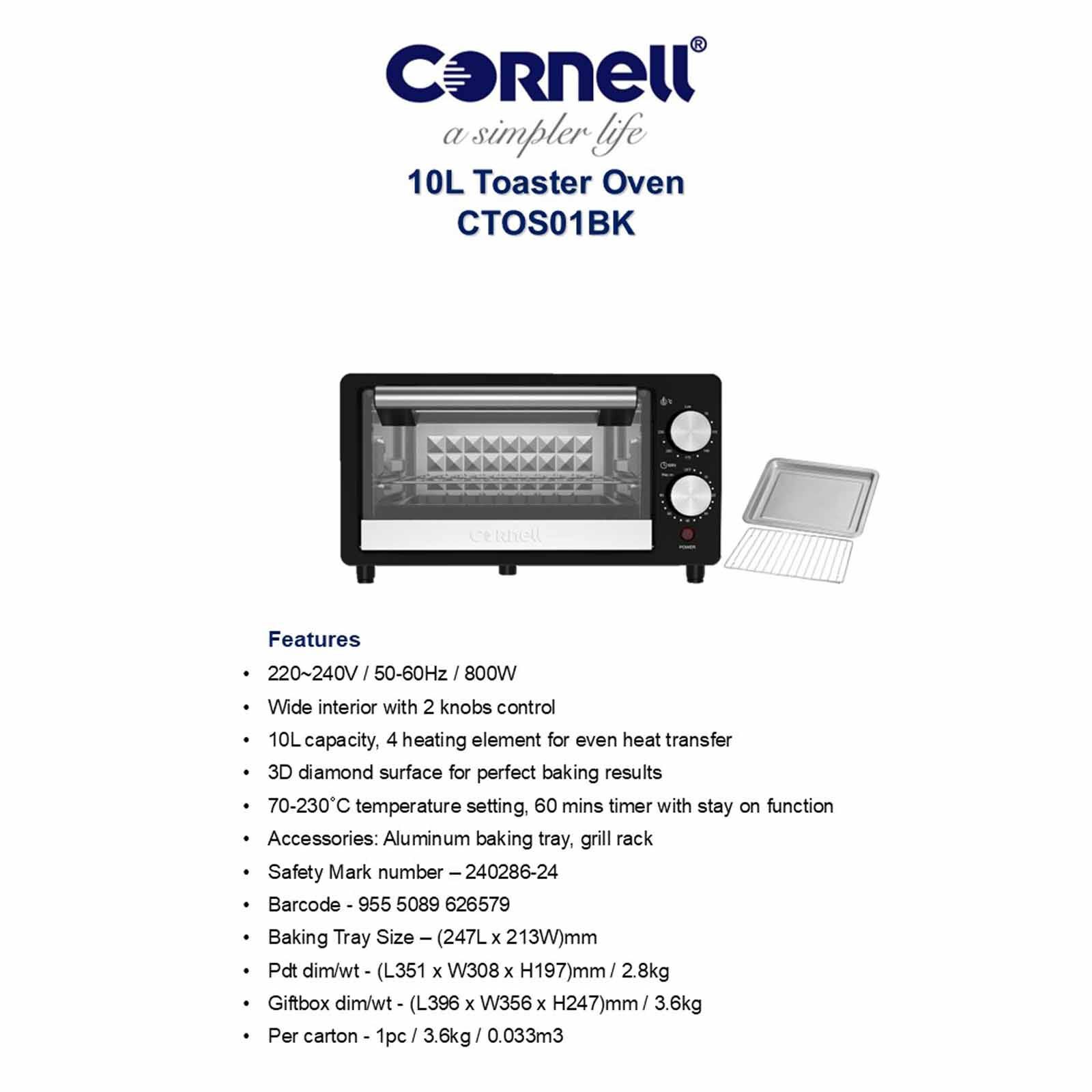CORNELL Oven Toaster (10l) CTOS01BK - Image 5