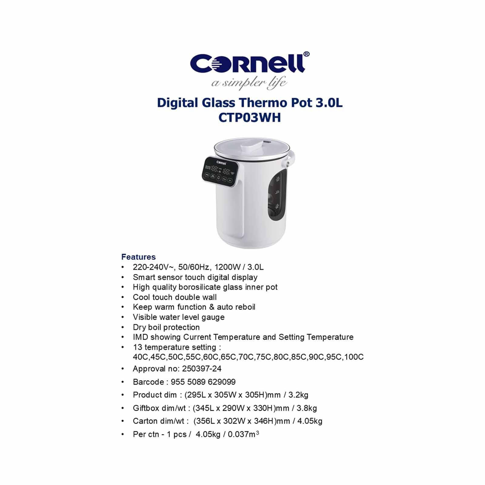 CORNELL Digital Glass Thermo Pot (3.0l) CTP03WH - Image 10