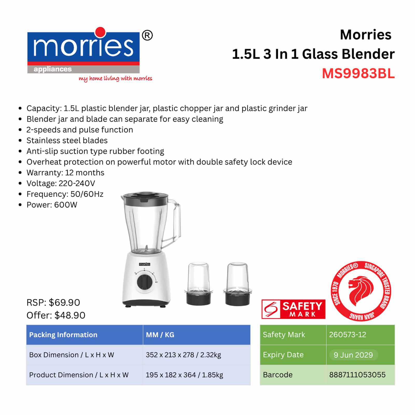 MORRIES 3 In 1 Glass Blender (1.5l) 600w MS9983BL - Image 6